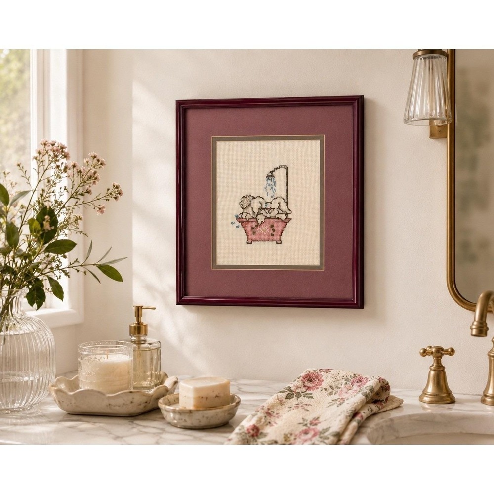 Vintage Framed Bunny Cross Stitch Cottagecore Nursery Wall Decor Burgundy Pink
